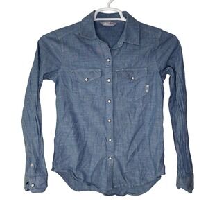 Stio Pearl Snap Shirt Womens XS Organic Cotton Blue Chambray Long Sleeve Western